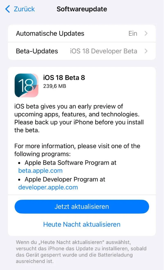 平房苹果手机维修分享苹果 iOS / iPadOS 18 开发者预览版 Beta 8 发布 